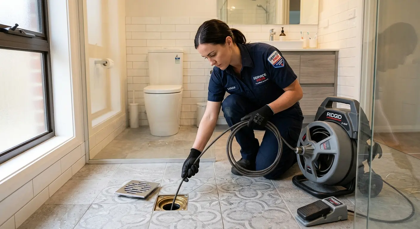 Technician clearing a bathroom floor drain for Drain Cleaning in Fallston